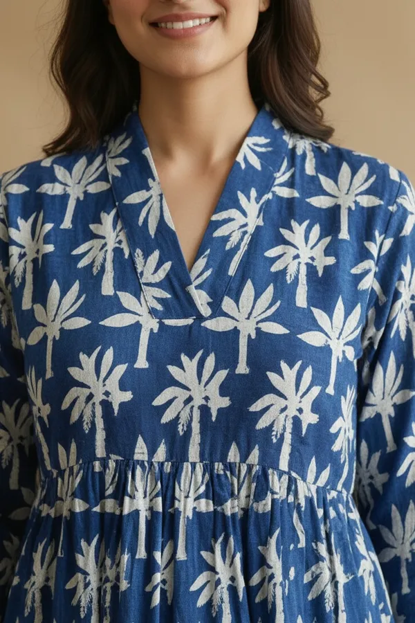 Indigo_Floral_Printed_Cotton_One_Piece_Dress_For_Women