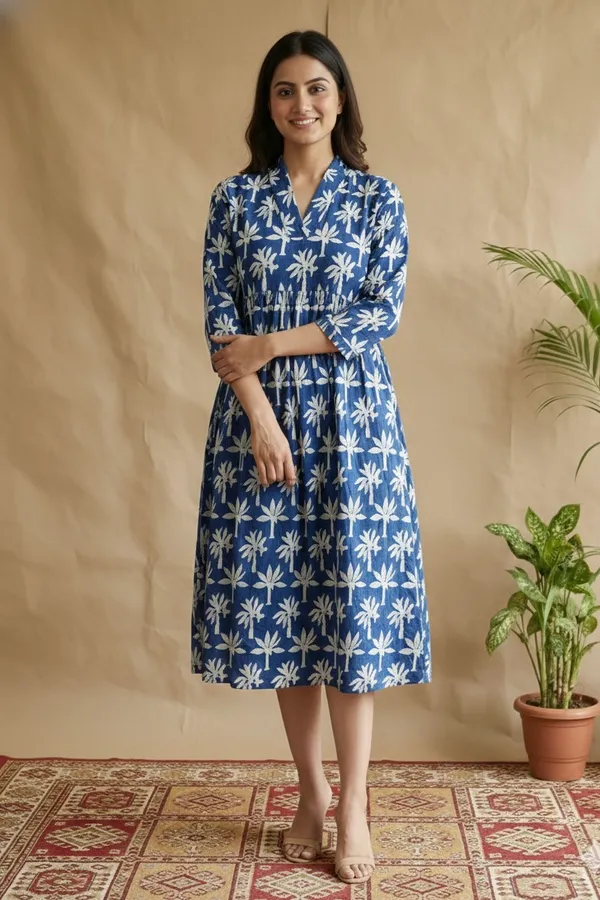 Indigo_Floral_Printed_Cotton_One_Piece_Dress_For_Women