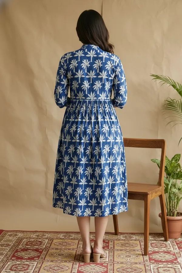 Indigo_Floral_Printed_Cotton_One_Piece_Dress_For_Women