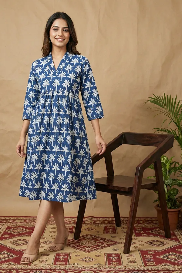 Indigo_Floral_Printed_Cotton_One_Piece_Dress_For_Women