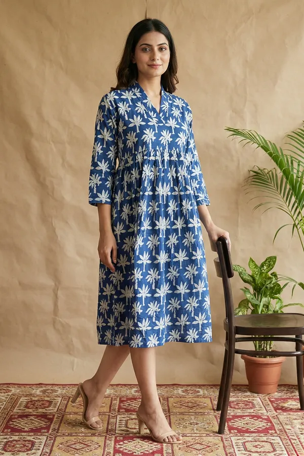 Indigo_Floral_Printed_Cotton_One_Piece_Dress_For_Women