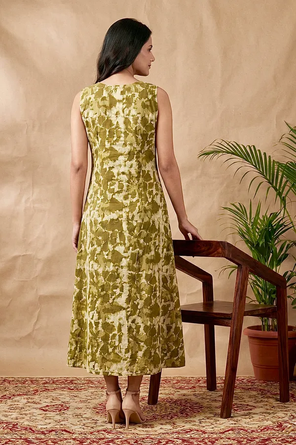 Mehendi_Green_Floral_Printed_Cotton_A-Line_One_Piece_Dress_For_Women