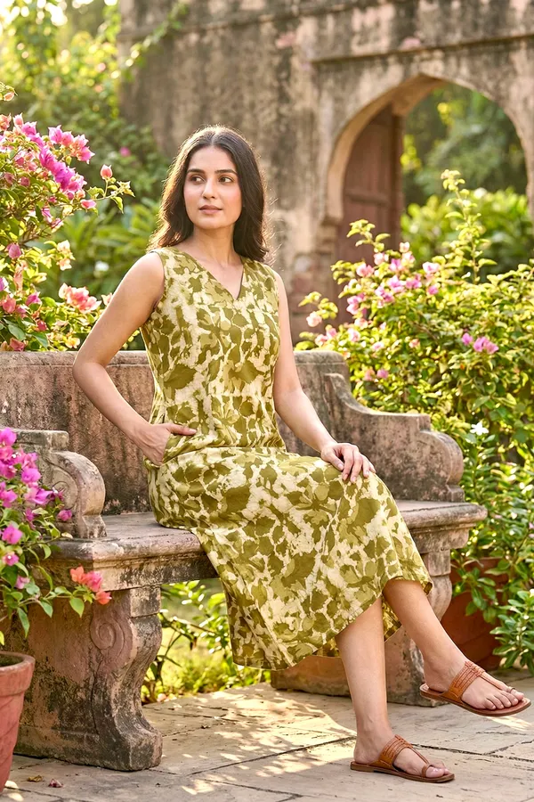 Mehendi_Green_Floral_Printed_Cotton_A-Line_One_Piece_Dress_For_Women