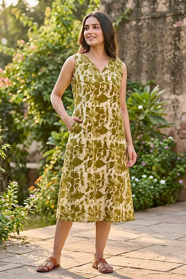 Mehendi_Green_Floral_Printed_Cotton_A-Line_One_Piece_Dress_For_Women