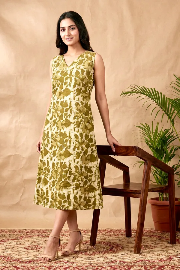 Mehendi_Green_Floral_Printed_Cotton_A-Line_One_Piece_Dress_For_Women