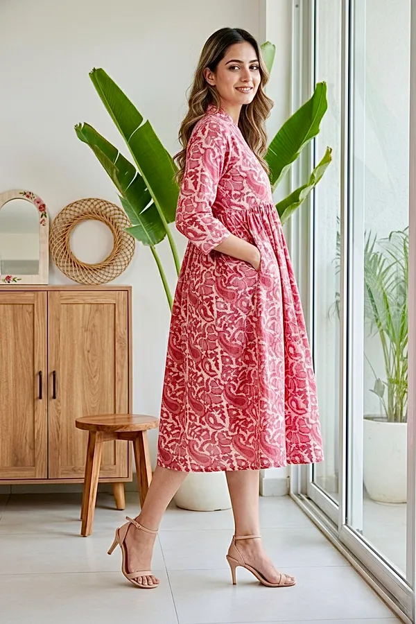 Dusty_Rose_Printed_Cotton_One_Piece_Dress_For_Women