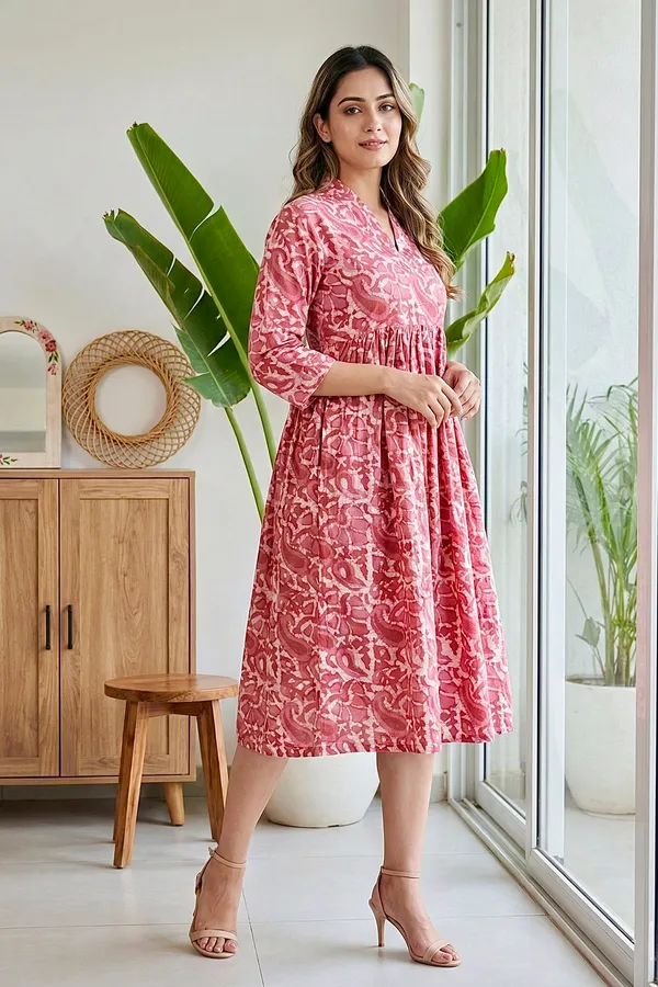 Dusty_Rose_Printed_Cotton_One_Piece_Dress_For_Women