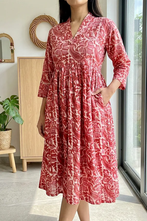 Dusty_Rose_Printed_Cotton_One_Piece_Dress_For_Women