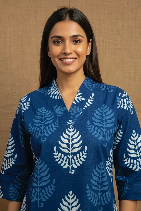 Dark_Indigo_Floral_Printed_Cotton_Short_Top_For_Women