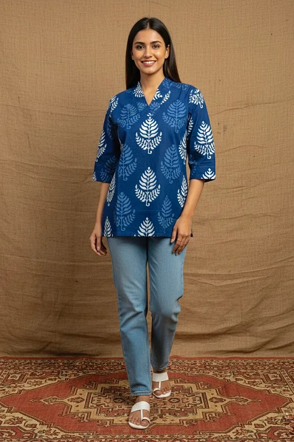Dark_Indigo_Floral_Printed_Cotton_Short_Top_For_Women