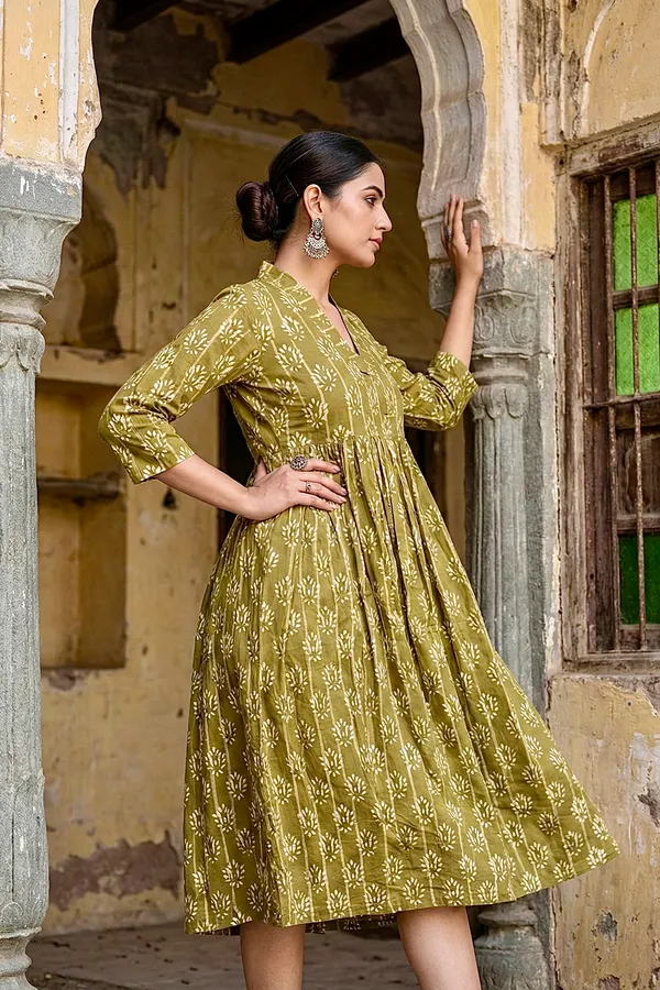Olive_Green_Lotus_Printed_Cotton_One_Piece_Dress_For_Women