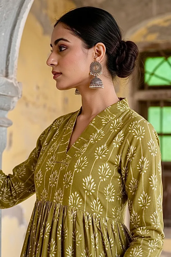 Olive_Green_Lotus_Printed_Cotton_One_Piece_Dress_For_Women
