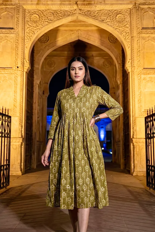 Olive_Green_Lotus_Printed_Cotton_One_Piece_Dress_For_Women