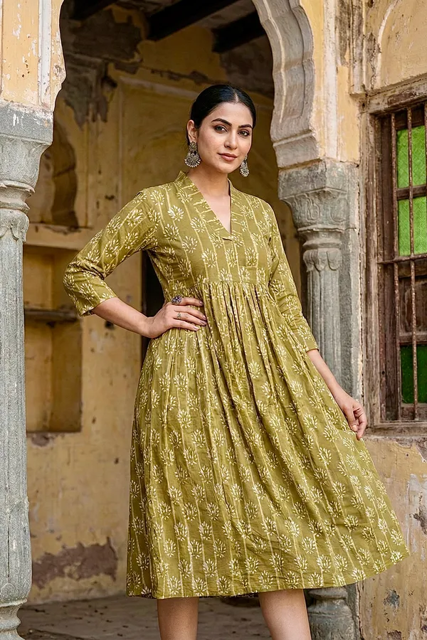 Olive_Green_Lotus_Printed_Cotton_One_Piece_Dress_For_Women