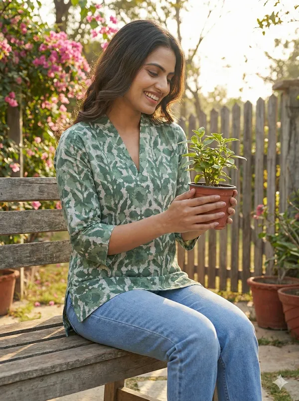 Olive_Green_Floral_Printed_Cotton_Short_Top_For_Women