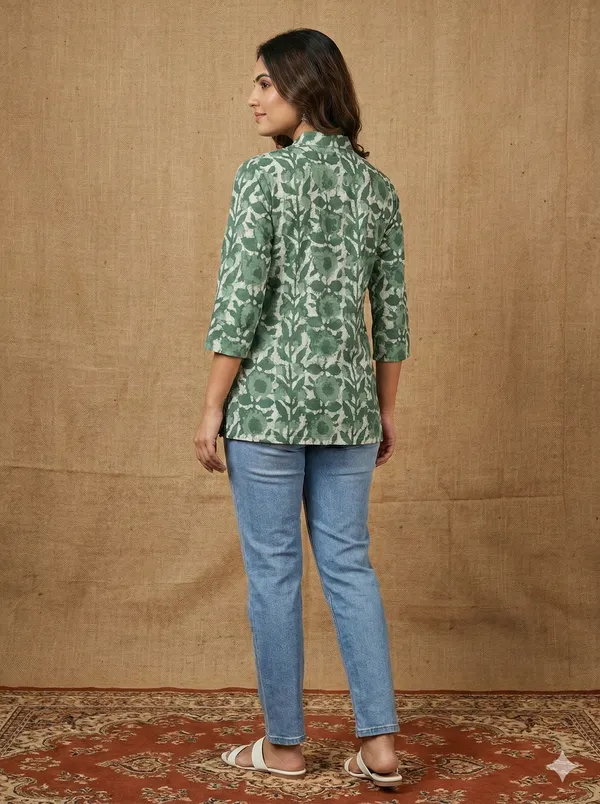 Olive_Green_Floral_Printed_Cotton_Short_Top_For_Women