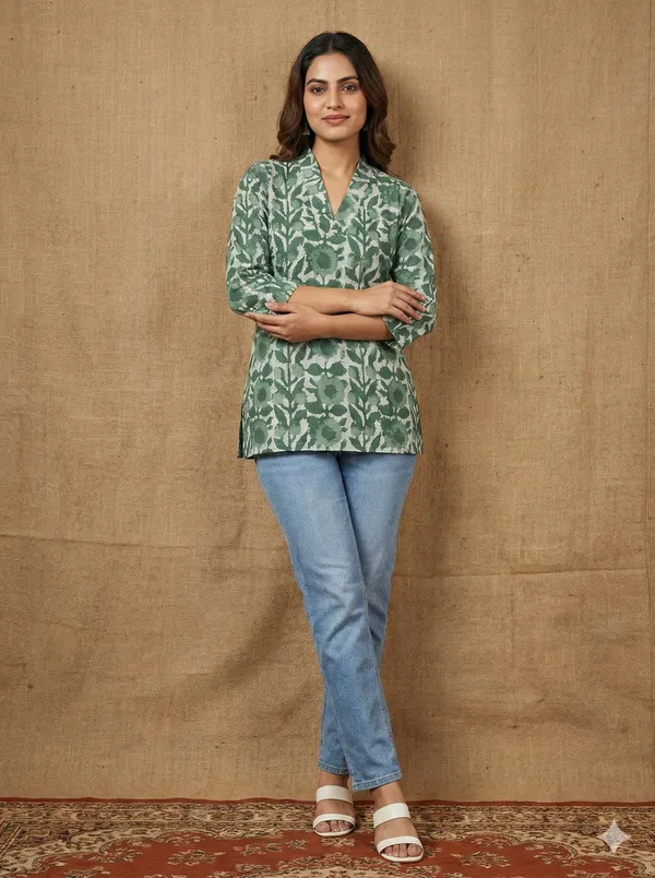 Olive_Green_Floral_Printed_Cotton_Short_Top_For_Women