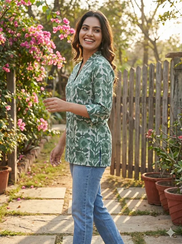 Olive_Green_Floral_Printed_Cotton_Short_Top_For_Women