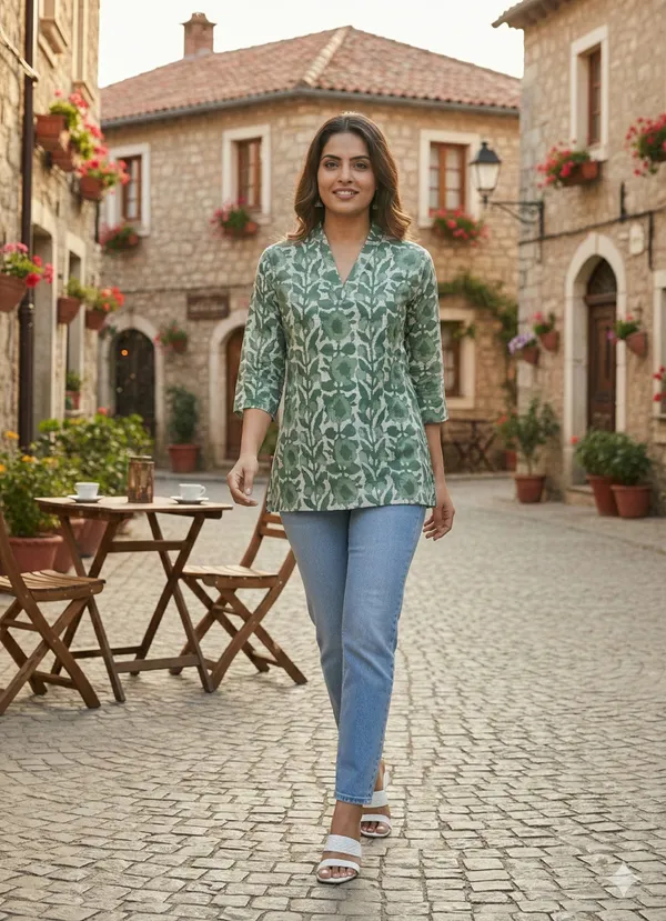 Olive_Green_Floral_Printed_Cotton_Short_Top_For_Women