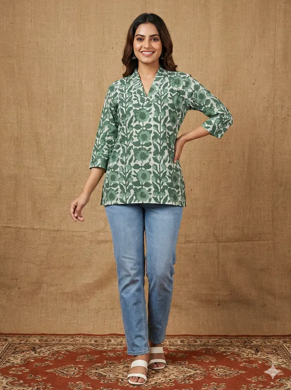 Olive_Green_Floral_Printed_Cotton_Short_Top_For_Women