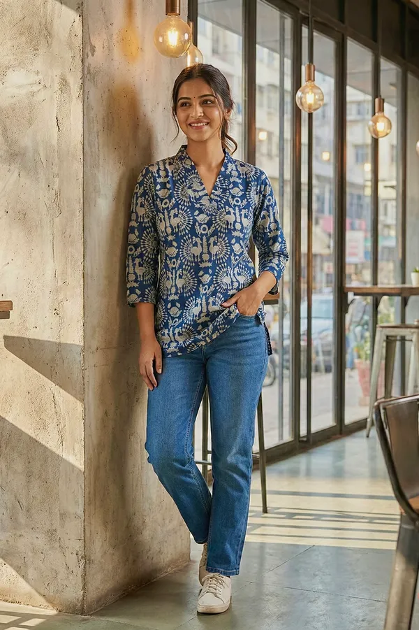 Indigo_Peacock_Printed_Cotton_Short_Top_For_Women
