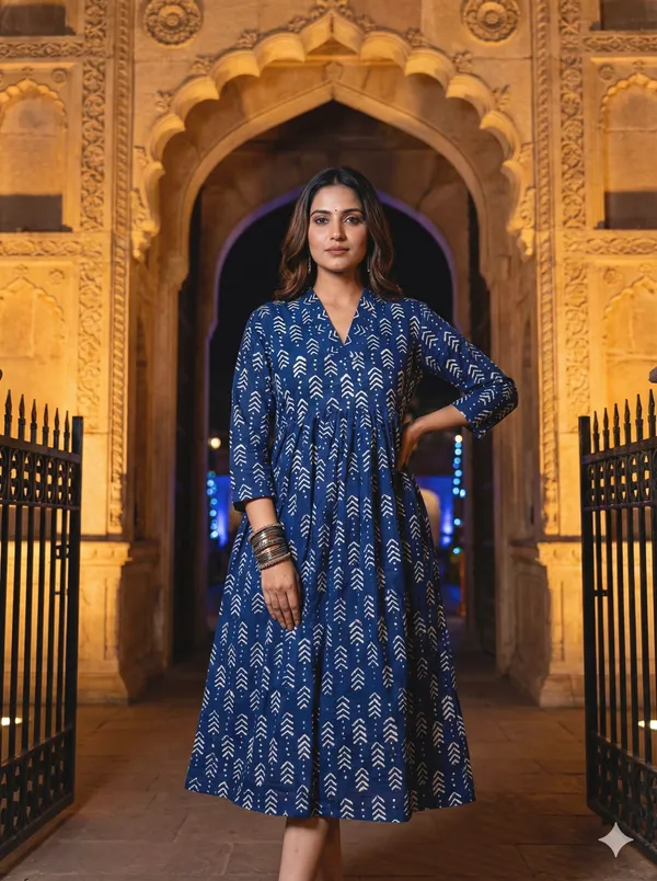 Indigo_Arrow_Printed_Cotton_One_Piece_Dress_For_Women