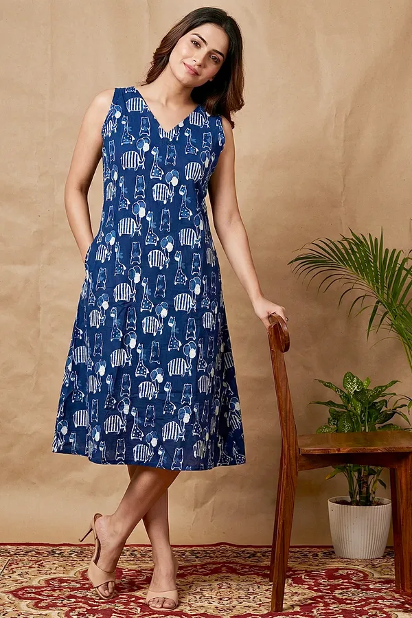 Indigo_Animal_Printed_Cotton_A-Line_One_Piece_Dress_For_Women