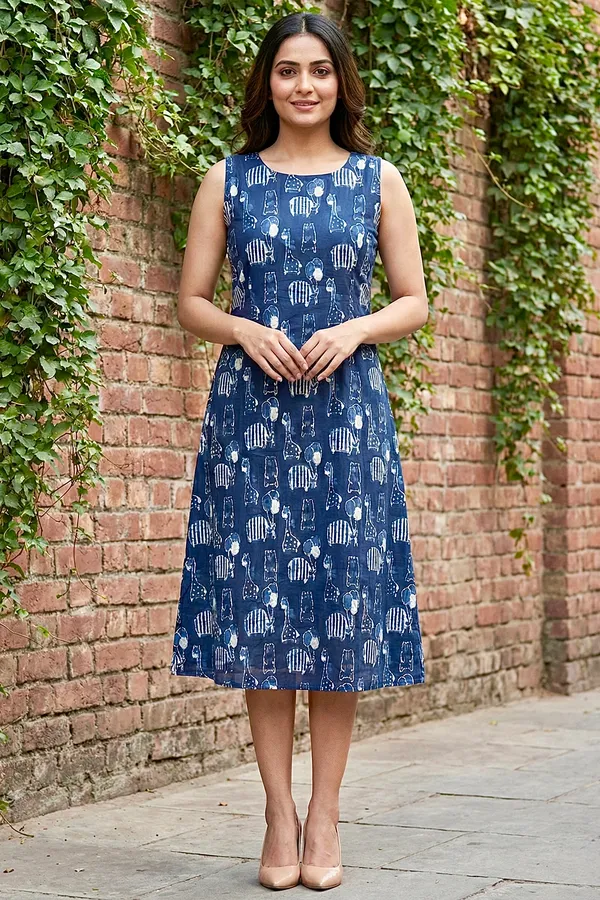Indigo_Animal_Printed_Cotton_A-Line_One_Piece_Dress_For_Women