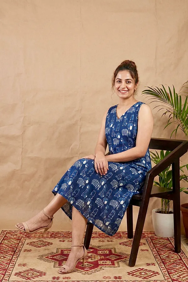 Indigo_Animal_Printed_Cotton_A-Line_One_Piece_Dress_For_Women
