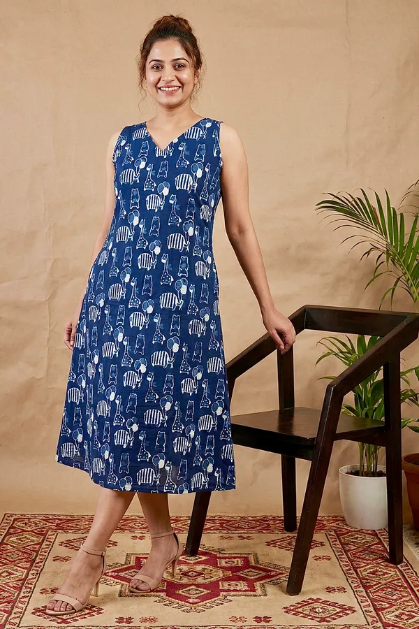 Indigo_Animal_Printed_Cotton_A-Line_One_Piece_Dress_For_Women