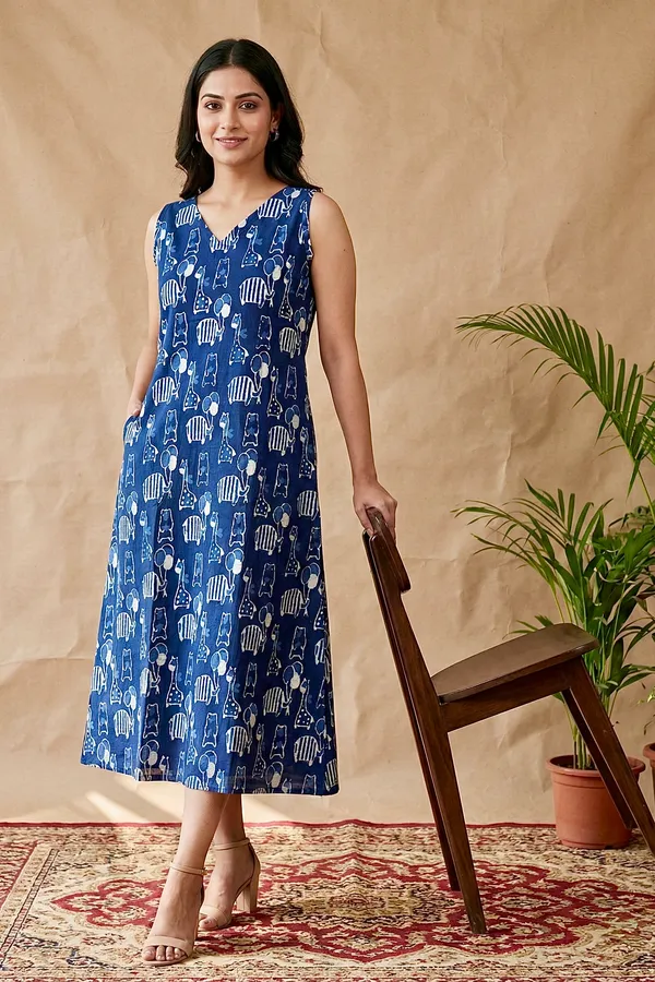 Indigo_Animal_Printed_Cotton_A-Line_One_Piece_Dress_For_Women