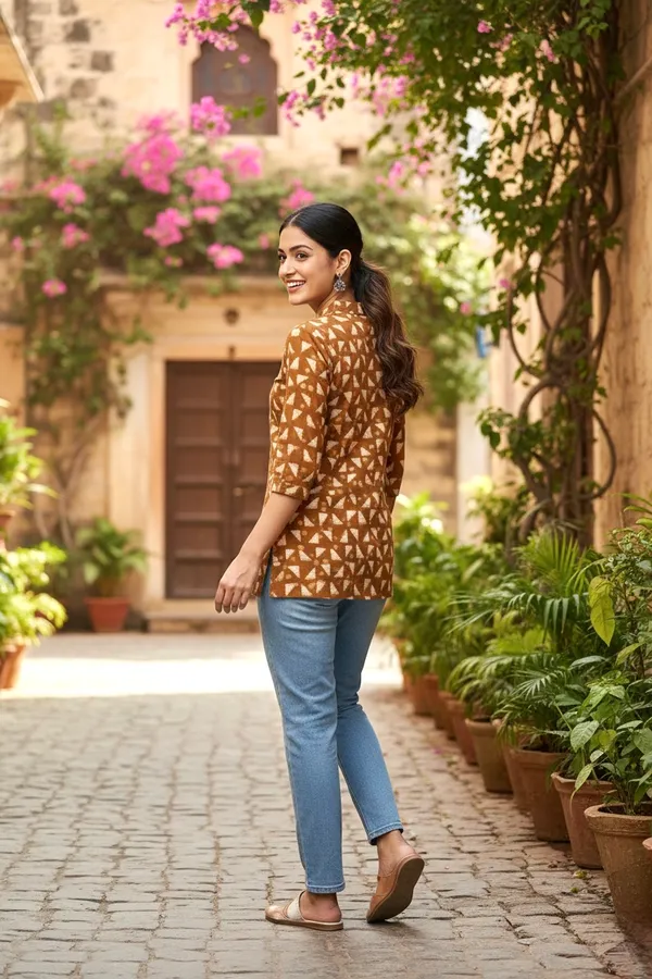 Warn_Rust_Brown_Printed_Cotton_Short_Top_For_Women