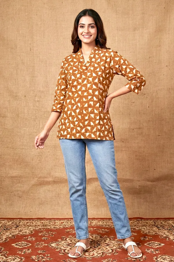Warn_Rust_Brown_Printed_Cotton_Short_Top_For_Women