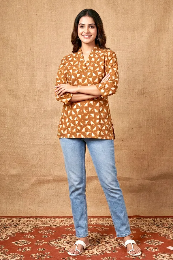Warn_Rust_Brown_Printed_Cotton_Short_Top_For_Women