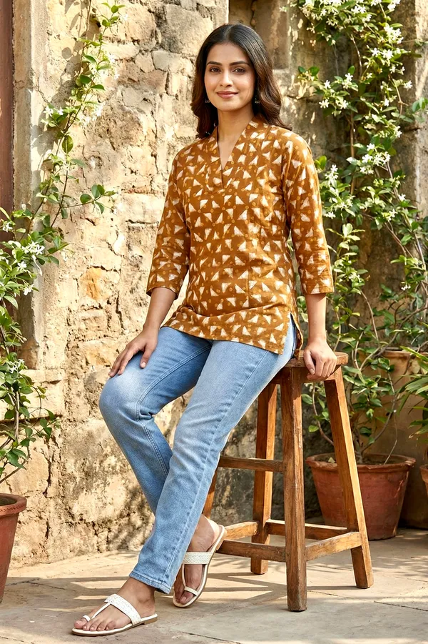 Warn_Rust_Brown_Printed_Cotton_Short_Top_For_Women