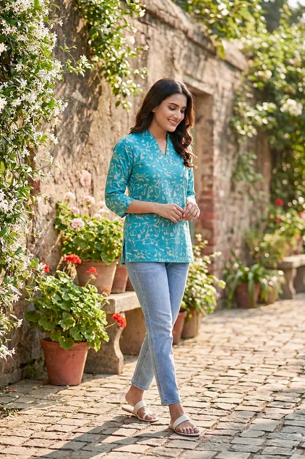 Turquoise_Blue_Printed_Cotton_Short_Top_For_Women