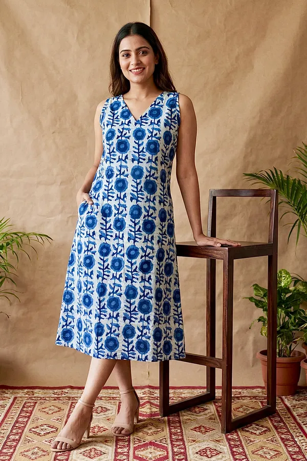 Indigo_Floral_Printed_Cotton_A-Line_One_Piece_Dress_For_Women