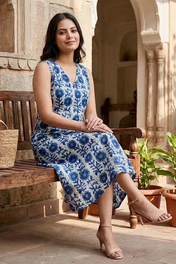 Indigo_Floral_Printed_Cotton_A-Line_One_Piece_Dress_For_Women