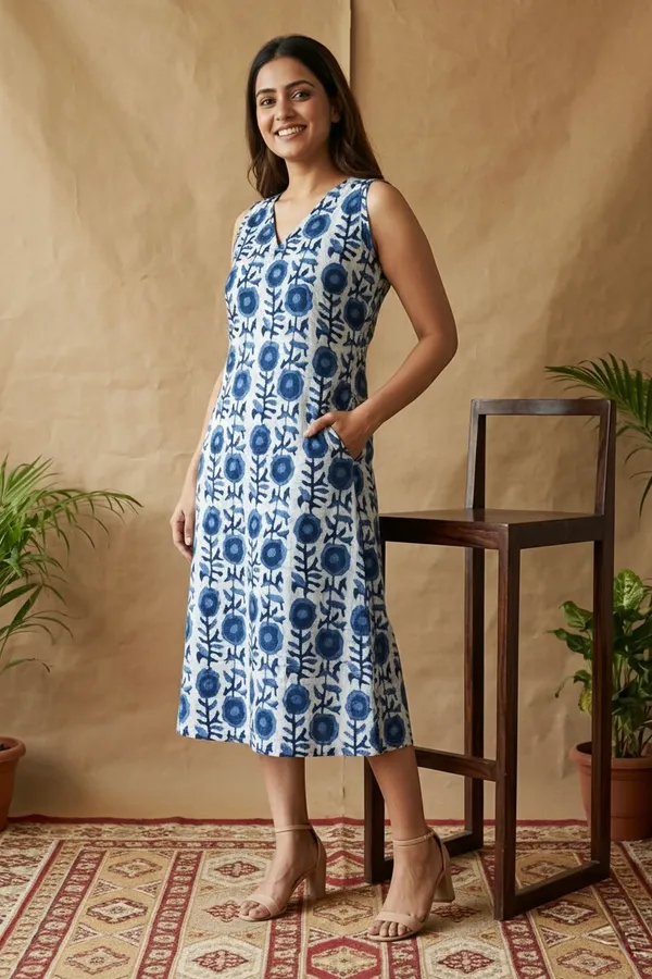 Indigo_Floral_Printed_Cotton_A-Line_One_Piece_Dress_For_Women