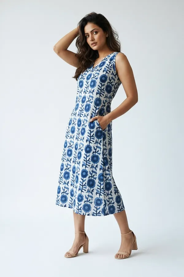 Indigo_Floral_Printed_Cotton_A-Line_One_Piece_Dress_For_Women