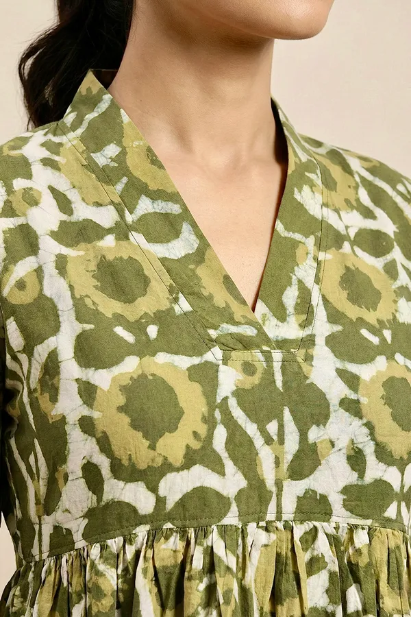 Olive_Green_Floral_Printed_Cotton_One_Piece_Dress_For_Women