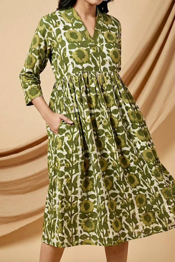 Olive_Green_Floral_Printed_Cotton_One_Piece_Dress_For_Women
