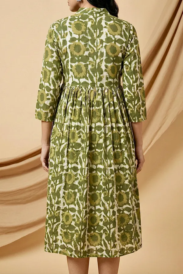 Olive_Green_Floral_Printed_Cotton_One_Piece_Dress_For_Women
