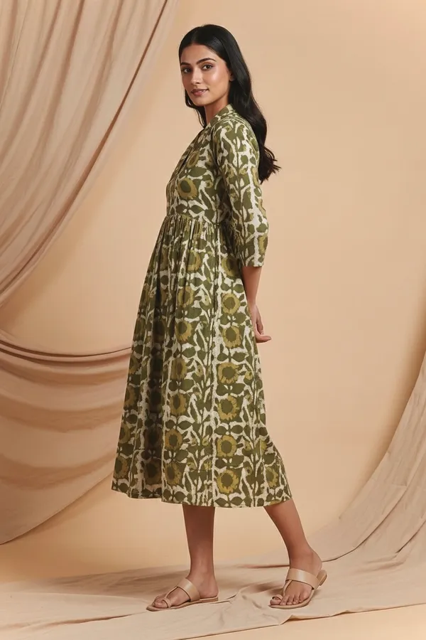 Olive_Green_Floral_Printed_Cotton_One_Piece_Dress_For_Women