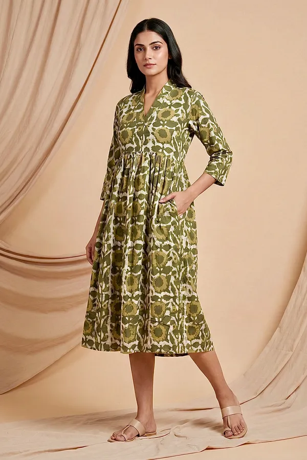 Olive_Green_Floral_Printed_Cotton_One_Piece_Dress_For_Women