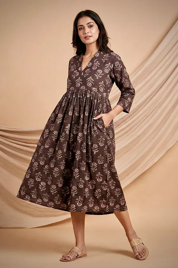 Coffee_Floral_Printed_Cotton_One_Piece_Dress_For_Women