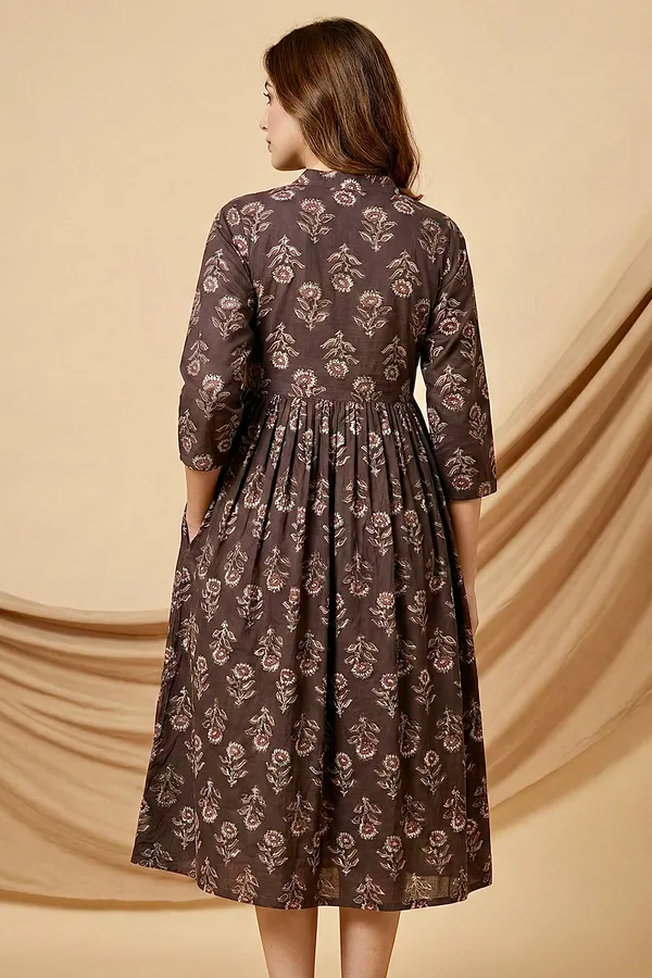 Coffee_Floral_Printed_Cotton_One_Piece_Dress_For_Women