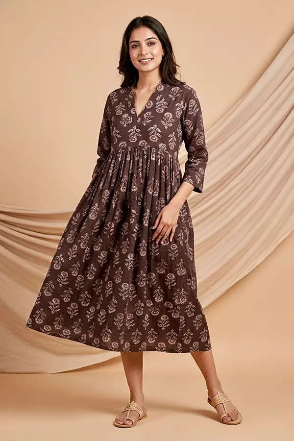 Coffee_Floral_Printed_Cotton_One_Piece_Dress_For_Women