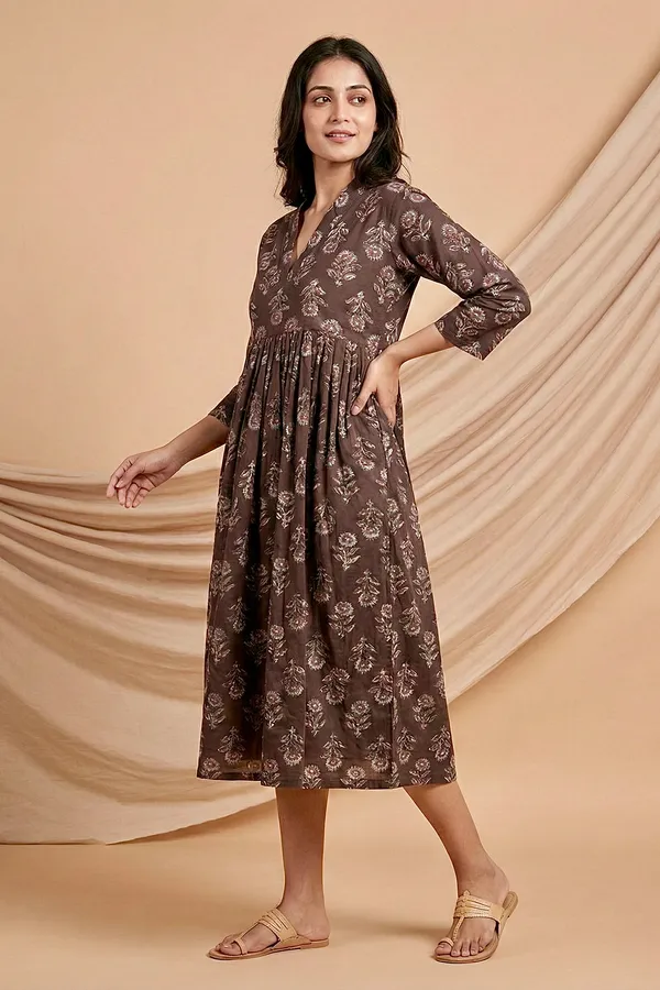 Coffee_Floral_Printed_Cotton_One_Piece_Dress_For_Women