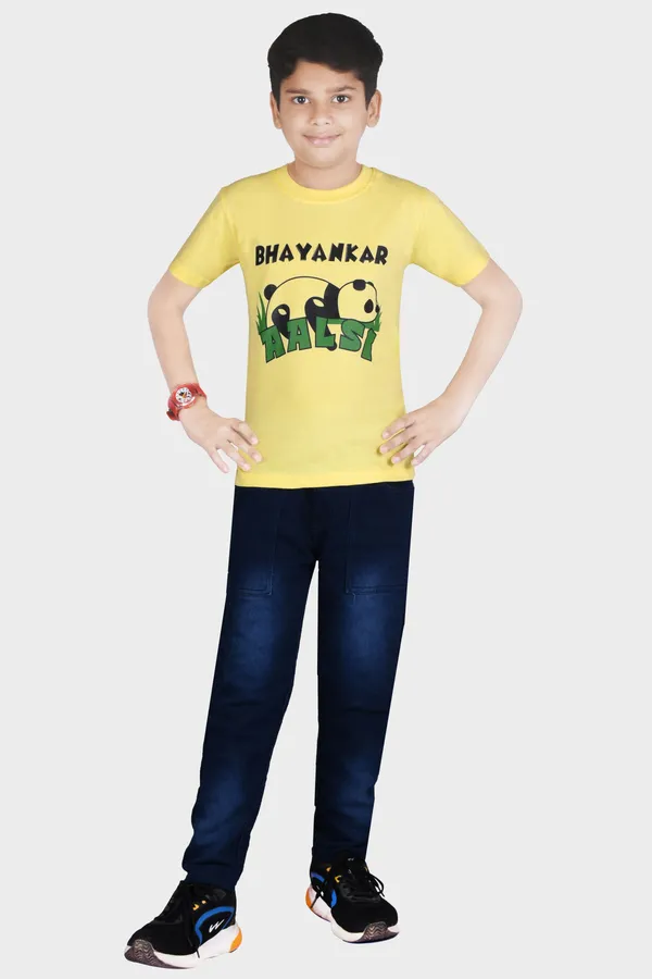 Yellow_Polyester_Printed_Short_Sleeve_Casual_T_Shirt_For_Boys_&_Girls